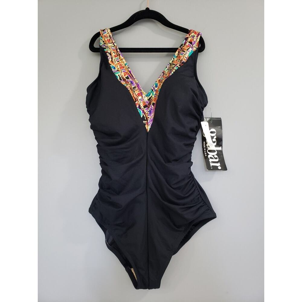 NEW‎ Vintage Gabar Swimwear Womens 1 PC Swimsuit Size 10 Solid Black Retro 80s